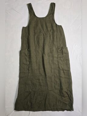 ​Vtg FLAX by Jeanne Engelhart Linen Pocket Jumper Dress Olive Lagenlook